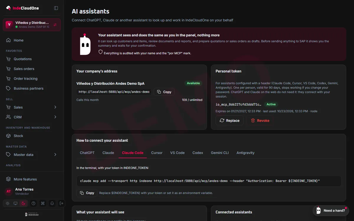 My account › AI assistants: how to connect an assistant and the tools it can use
