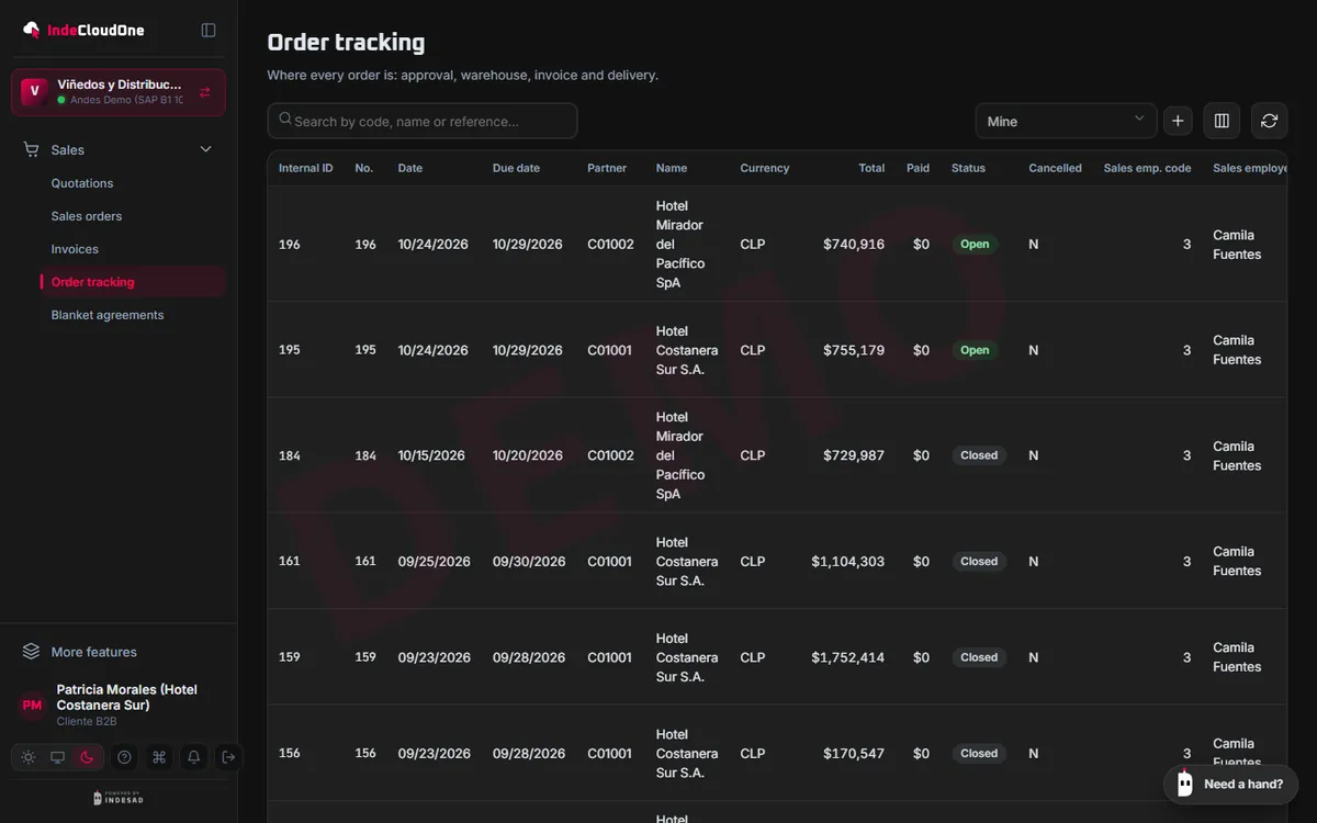 B2B portal: the customer follows their orders and invoices