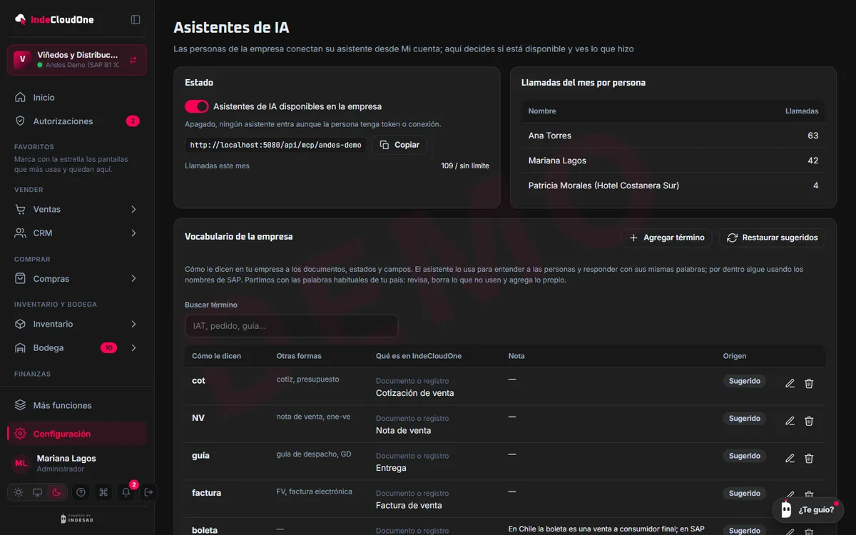 Configuración › Asistentes de IA: encendido, consumo por persona y lo que hicieron los asistentes