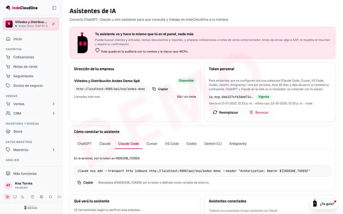 Mi cuenta › Asistentes de IA: cómo conectar un asistente y las herramientas que puede usar