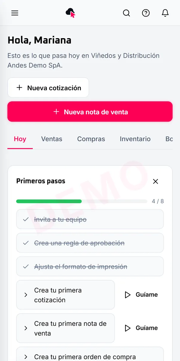 Inicio de IndeCloudOne en el teléfono