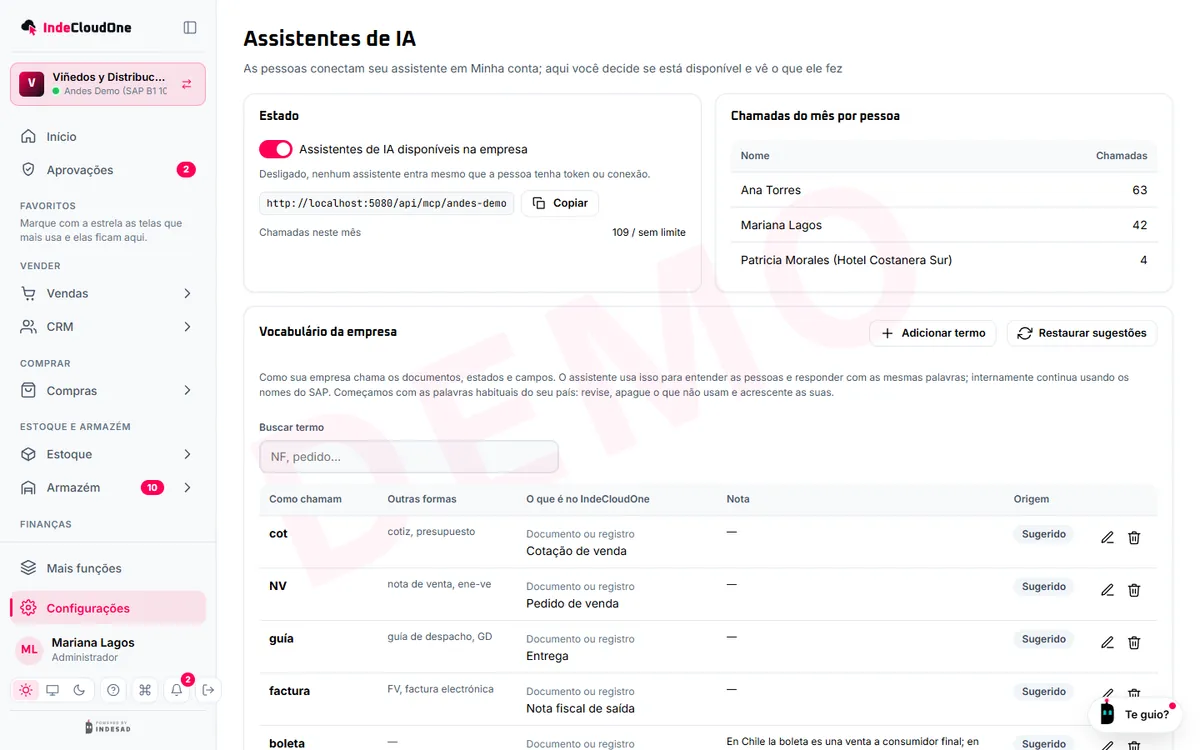 Configuração › Assistentes de IA: ativação, consumo por pessoa e o que os assistentes fizeram