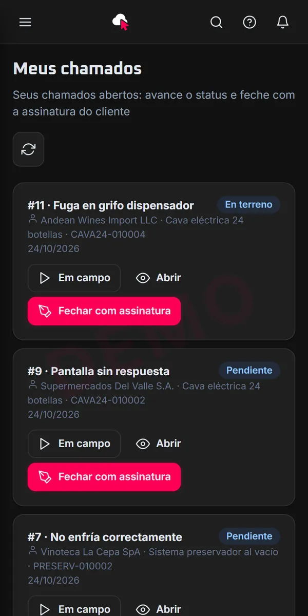 Chamados de serviço atribuídos ao técnico, no celular