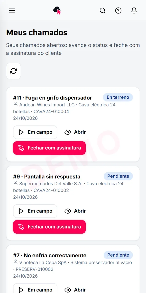 Chamados de serviço atribuídos ao técnico, no celular